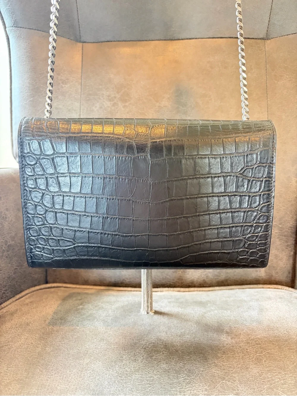 Saint Laurent Black Croc-Embossed Tassel Chain Shoulder Bag